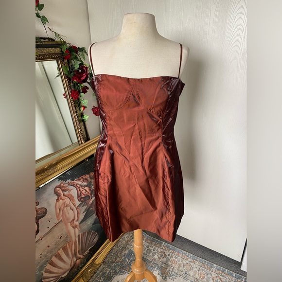 NWT Danielle Bernstein iridescent brown taffeta green shift bustier mini dress - Picture 6 of 12